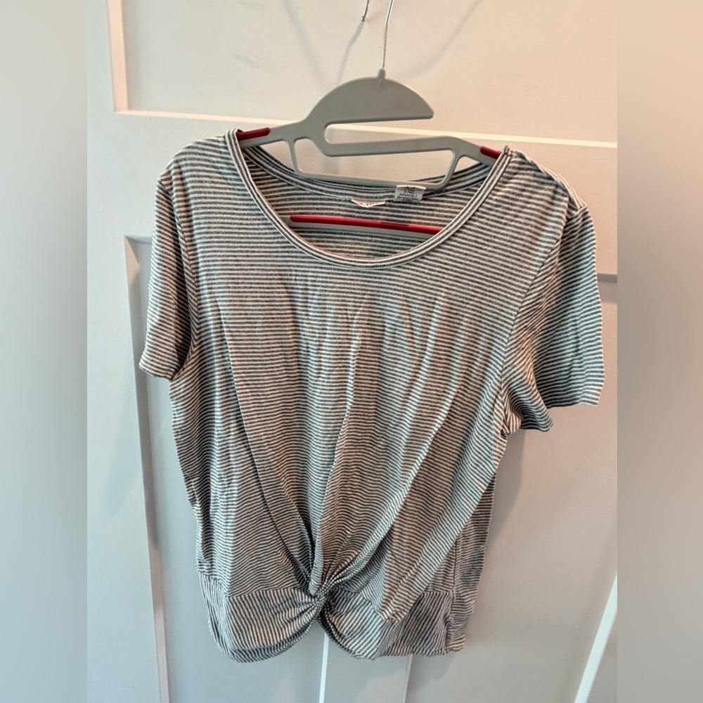 Max Studio Gray White Stripe Twist Knot Hem Top Short Sleeve Modal Blend Large
